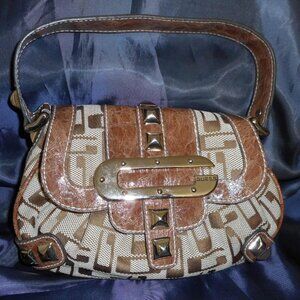 Guess Brown and Cream Shoulder Bag with Geometric Pattern and Leather Trim